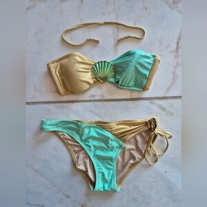 Victoria’s Secret Mermaid Bandeau bikini gold green seafoam tie top small medium